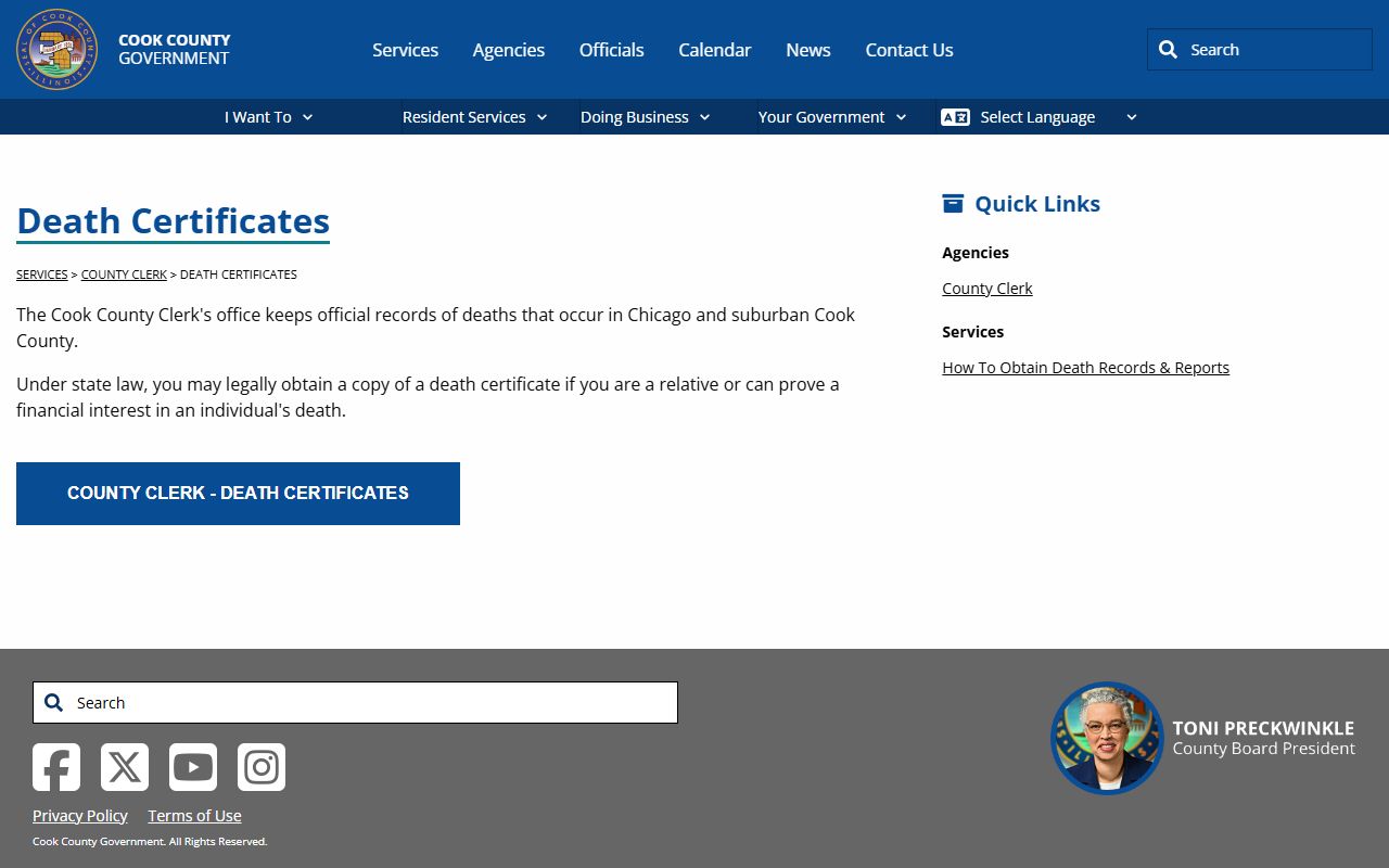 Cook County death index certificates service page