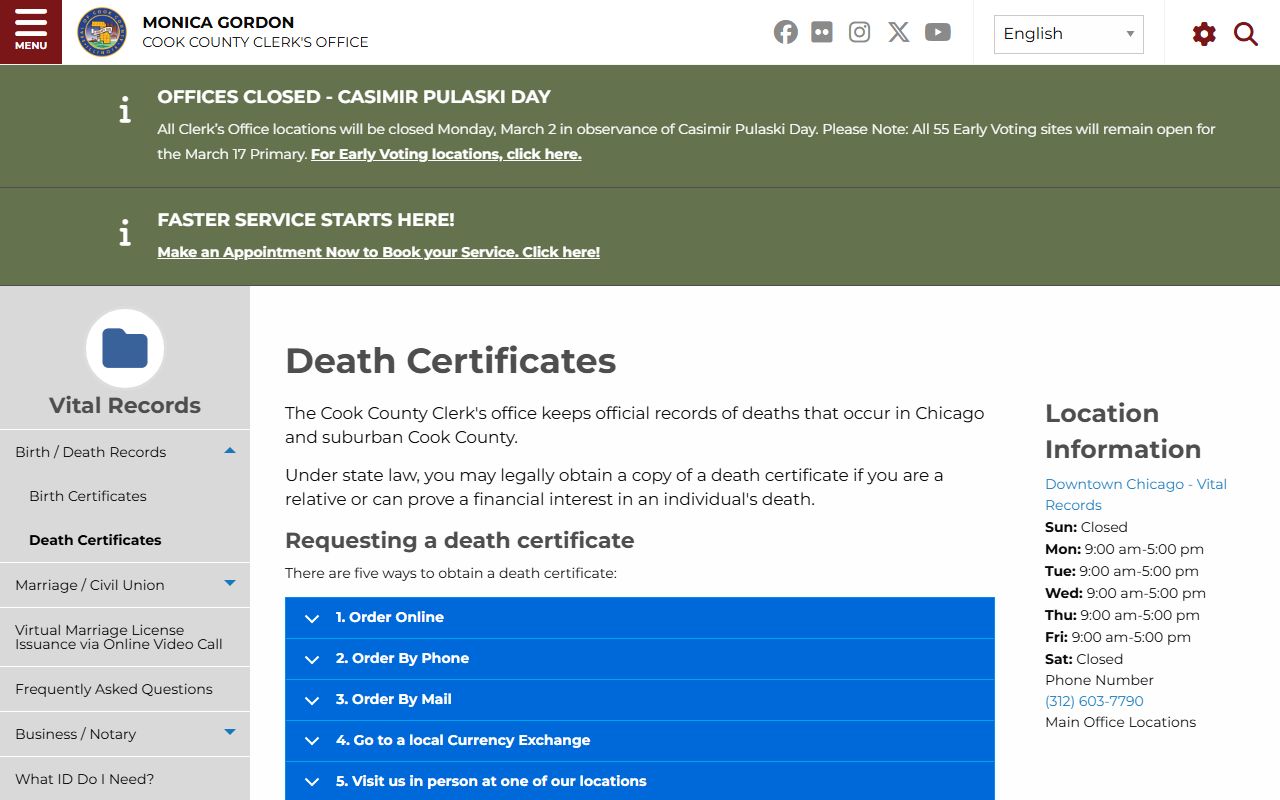 Cook County Clerk vital records portal for death index records