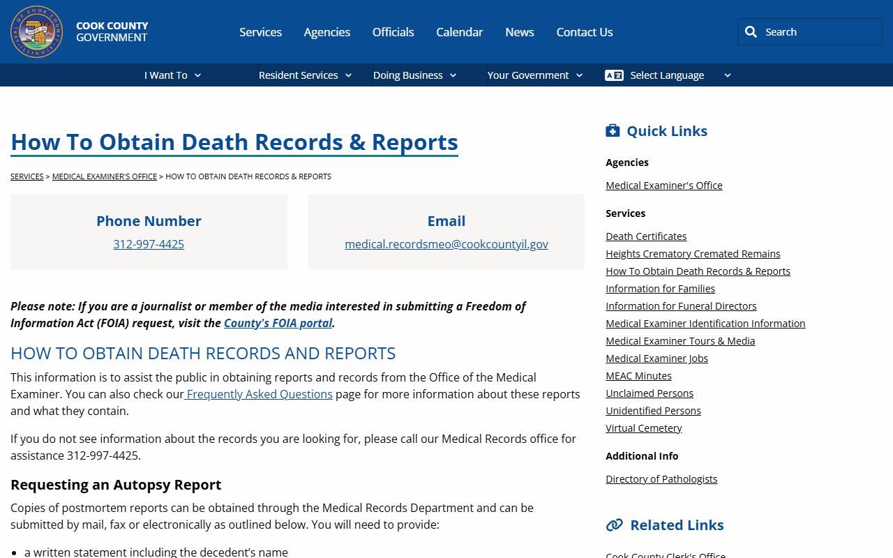 Cook County Medical Examiner death index records request page