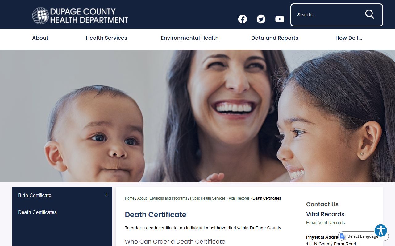 DuPage County Health Department death index certificates page