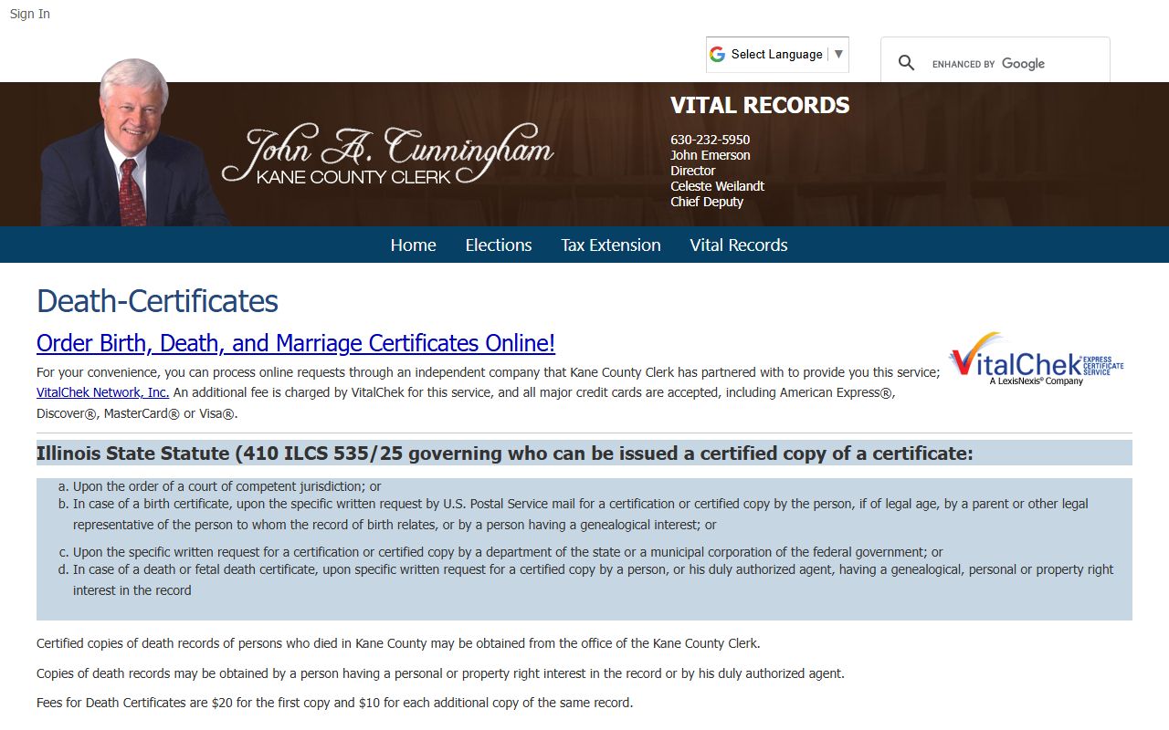 Kane County Clerk death certificates page for death index requests