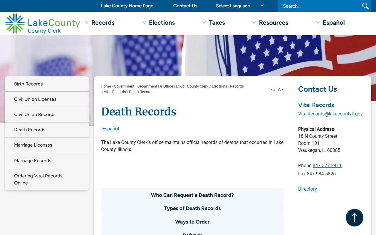 Lake County death records information page for death index requests