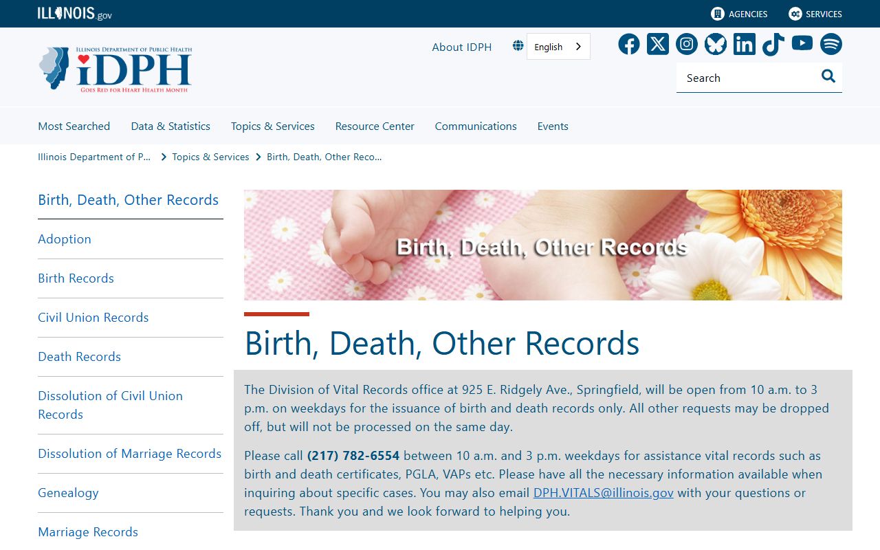 IDPH birth death and other records page for Illinois death index