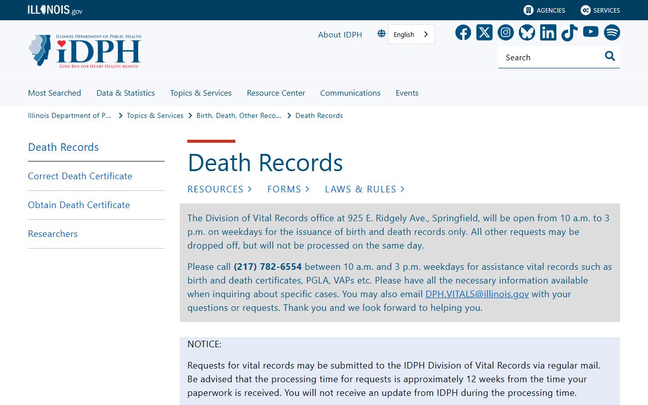 Illinois Department of Public Health death index records main page