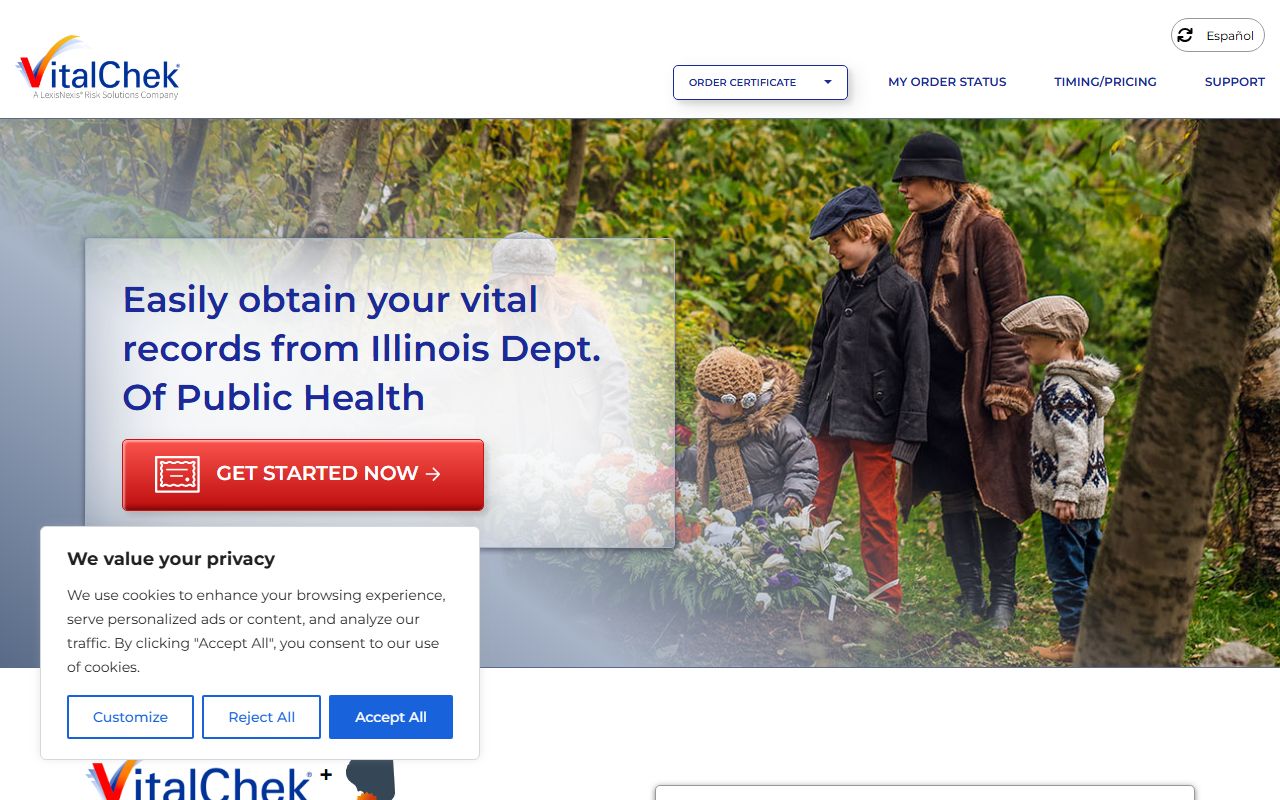 VitalChek online ordering portal for Illinois death index records